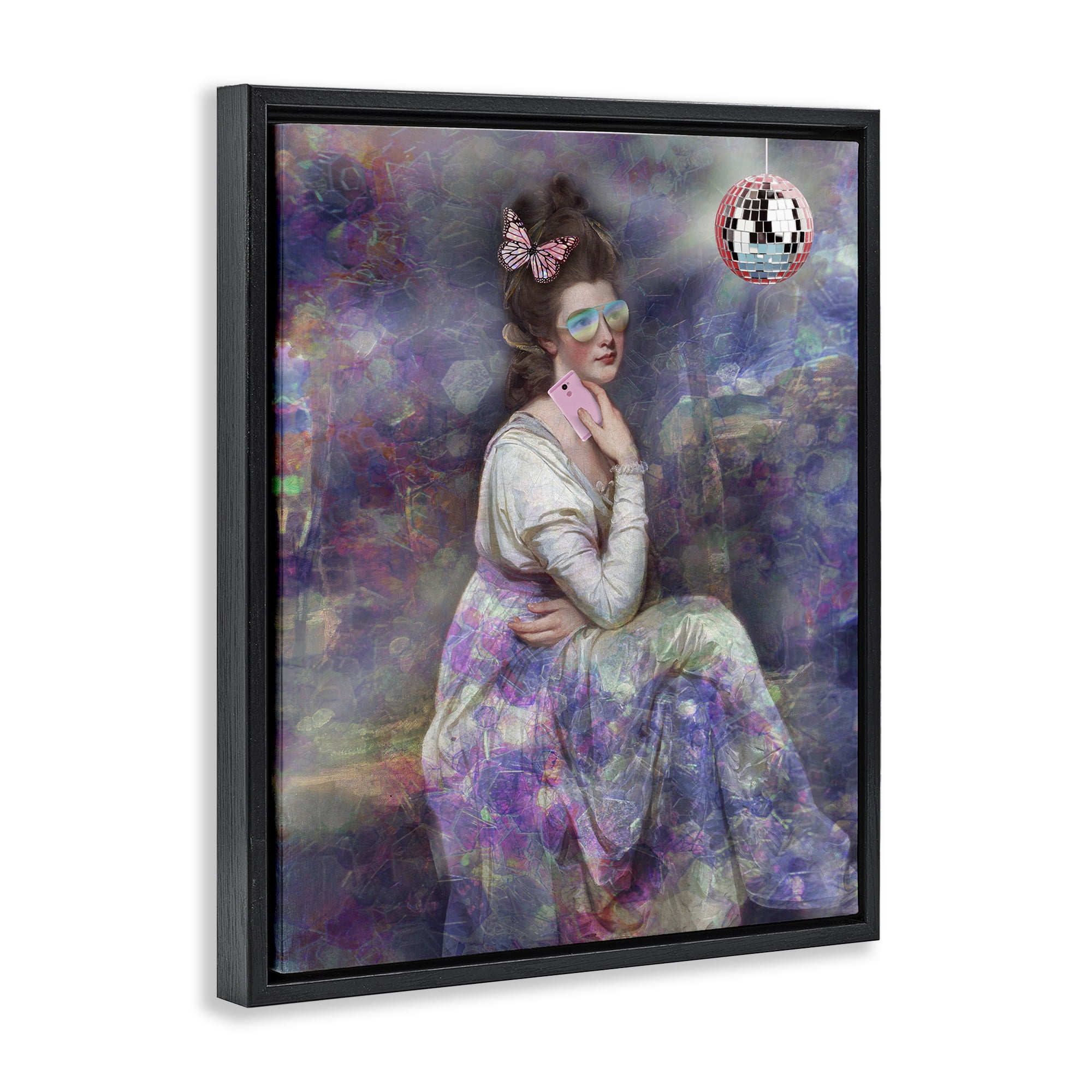 Stupell Industries Timeless Woman with Disco Ball Novelty & Humor Painting Black Floater Framed Canvas Art Print Wall Art, 17 x 21