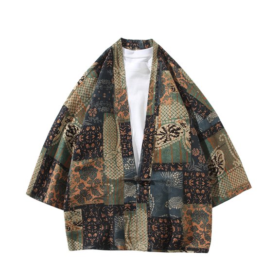 2025 Summer New Japanese Loose Printed Disc Button Cardigan Casual Quarter Sleeve Coat