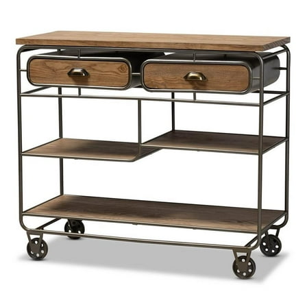 Bowery Hill Brown Finished Wood and Black Finished Metal 2-Drawer Kitchen Cart