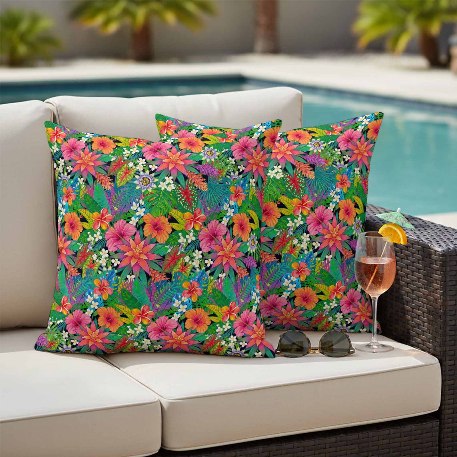 Colorful Floral Outdoor Waterproof Throw Pillow Covers 26x26 Set of 2, Summer Botanical Flowers Watercolor Decorative Pillowcases Cushion Pillowcase for Couch Sofa Patio Outside Pillow Protector