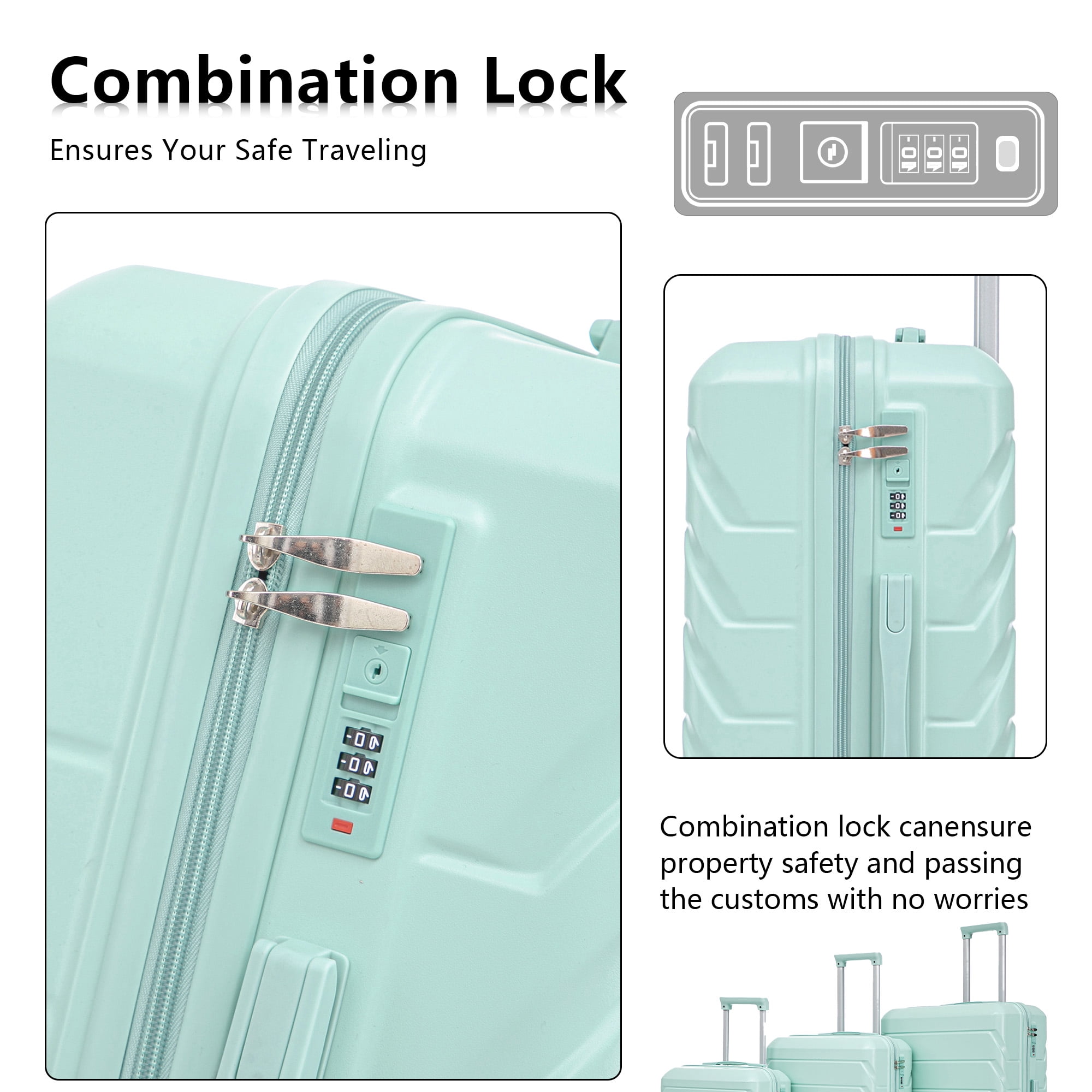 Alvantor 3Pcs Luggage Set, ABS Hardside Spinner Suitcase with Combination Lock, 20/24/28 Inch, Mint Green