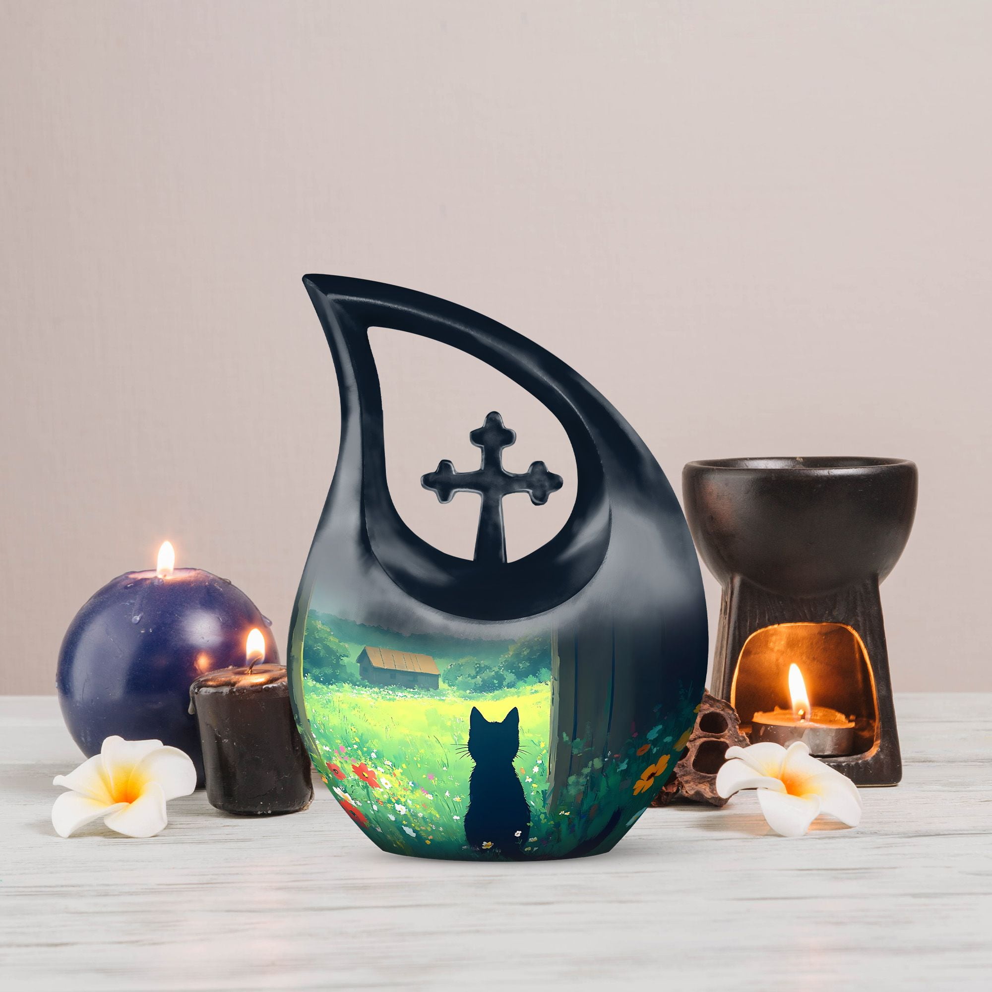 MUKTIVE Black Cat Large Urns for Human Ashes Remains - Flowers Memorial Cross Drop Adult Urns for Human Ashes Men and Women with Velvet Bag - Memorial Gifts for Loss of Mom, 10 Inch