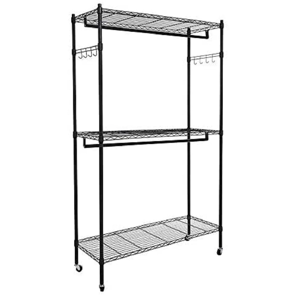 Double Rod Closet 3 Shelves Wire Shelving Clothing Rolling Rack Heavy