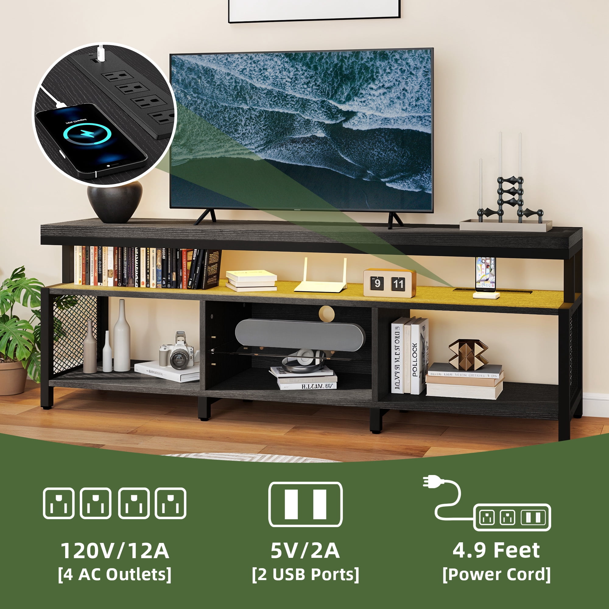 Uforic Industrial LED TV Stands for 55/60/65/70 inch w/Power Outlets, Entertainment Center TV Cabinet for Living Room, Black