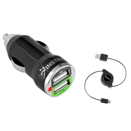 insten 2.1 Amp USB Car Charger Dual Ports Adapter with 2-pack Retractable micro usb Cable for Smartphone Cell Phone Tab Tablet Android Device Universal - (Best Sms App For Android Phones)