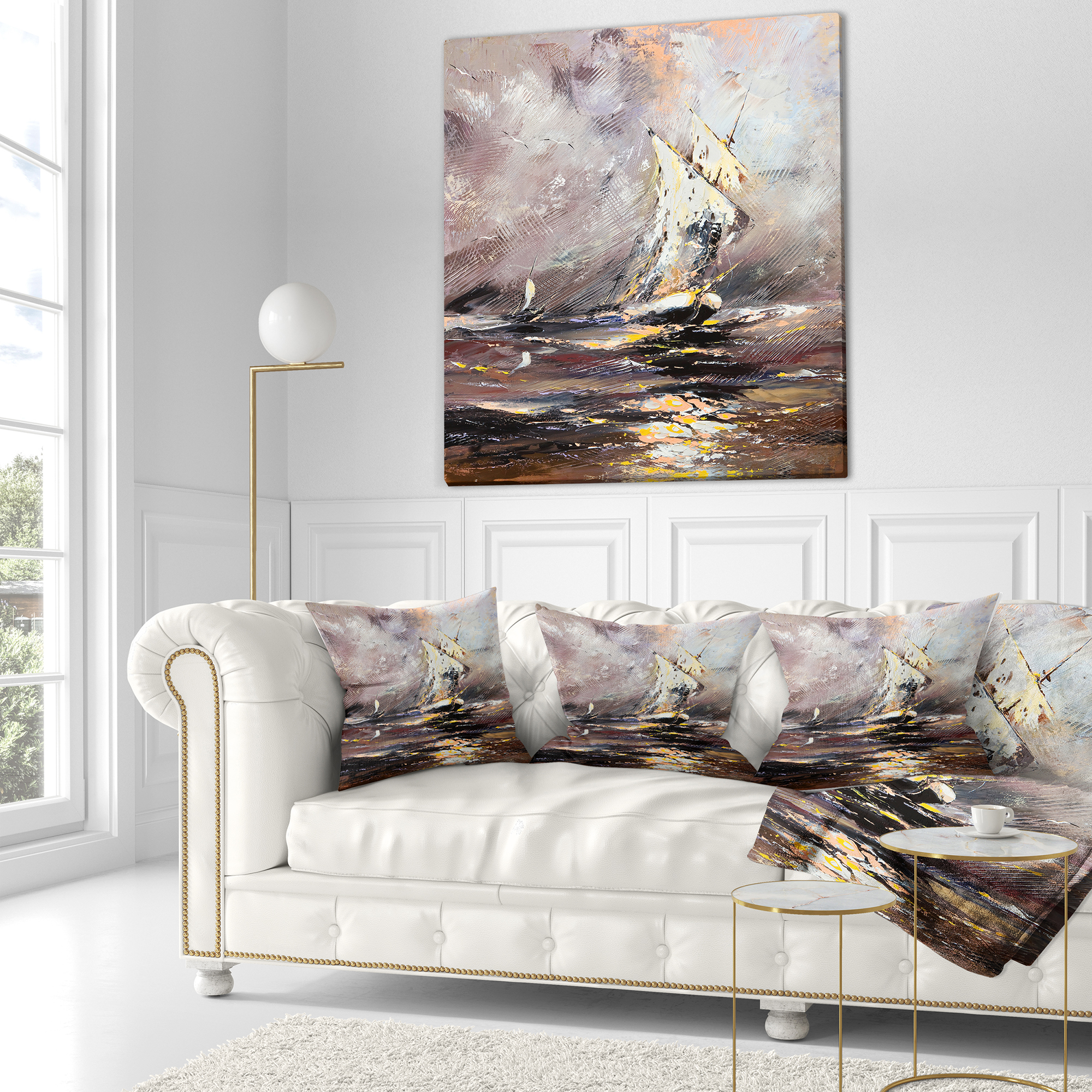 Designart Vessel in Stormy Sea - Seascape Throw Pillow - 18x18
