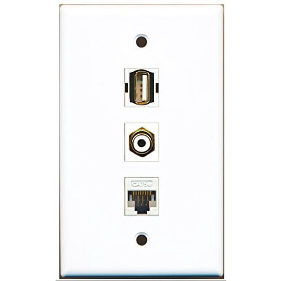 RiteAV - 1 Port RCA White and 1 Port USB A-A and 1 Port Cat5e Ethernet White Wall Plate