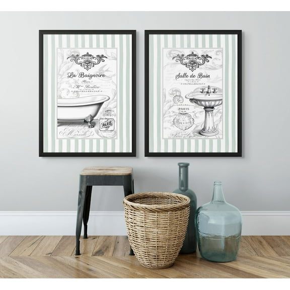 UNFFRAMED French Bathroom Wall Art Set Vintage Parisian Decor Posters Set 2 Prints 8x12