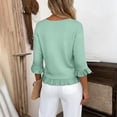 thumbnail image 4 of Wang6 Womens 3/4 Sleeve Tops Elegant Crew Neck Ruffle Trim Tshirts Ladies Causal Solid Going out Tees Shirts Green 0713-3/4 sleeve tshirts L, 4 of 5