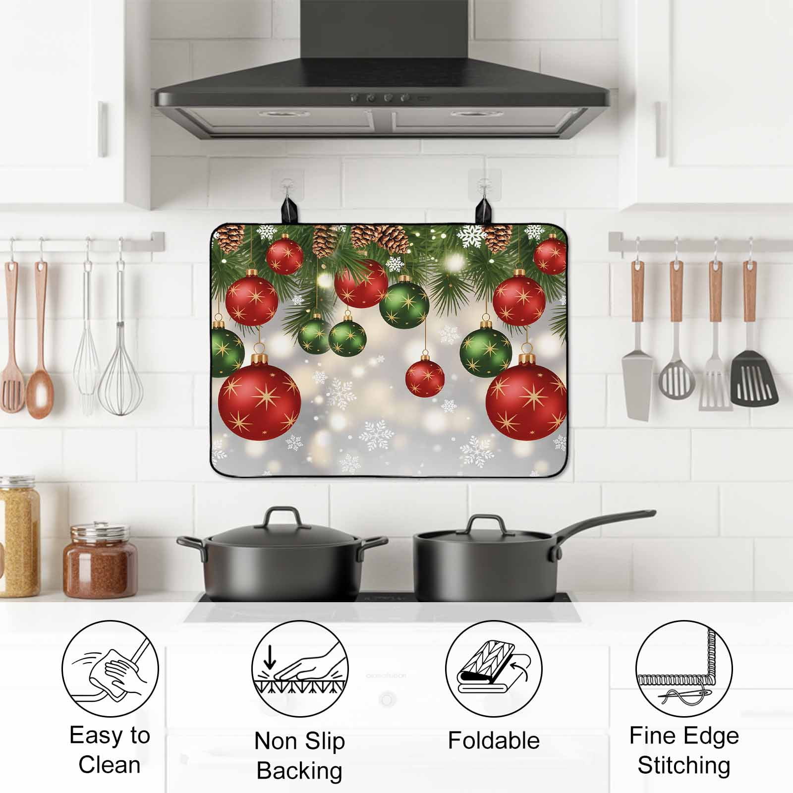 Red Green Balls Christmas Stove Top Cover for Electric Stove, Heat-proof & Non Slip Glass Top Stove Cover Protector, Xmas Pine Needle Snowflake Kitchen Flat Cooktop Rubber Mat 24x21 Inches