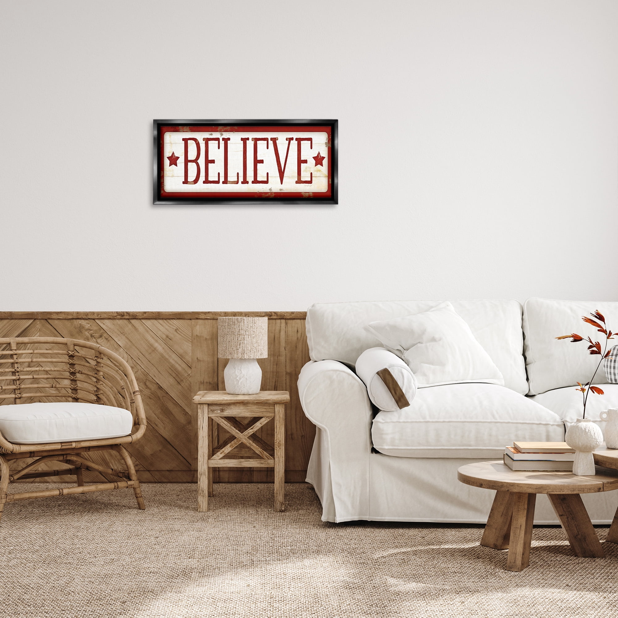 Stupell Industries Believe Red Christmas Phrase Holiday Painting Black Floater Framed Canvas Art Print Wall Art, 25 x 11
