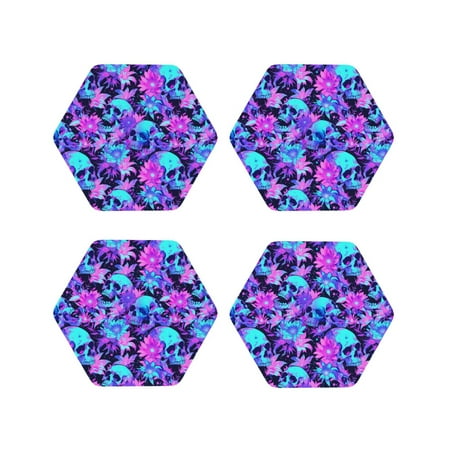 

Fuzoiu Flower Happy Skull Print Leather Coasters Set Drink Coasters Set of 4 for Tabletop Protection Durable PVC Coasters Home Décor and Housewarming Gift-Hexagon