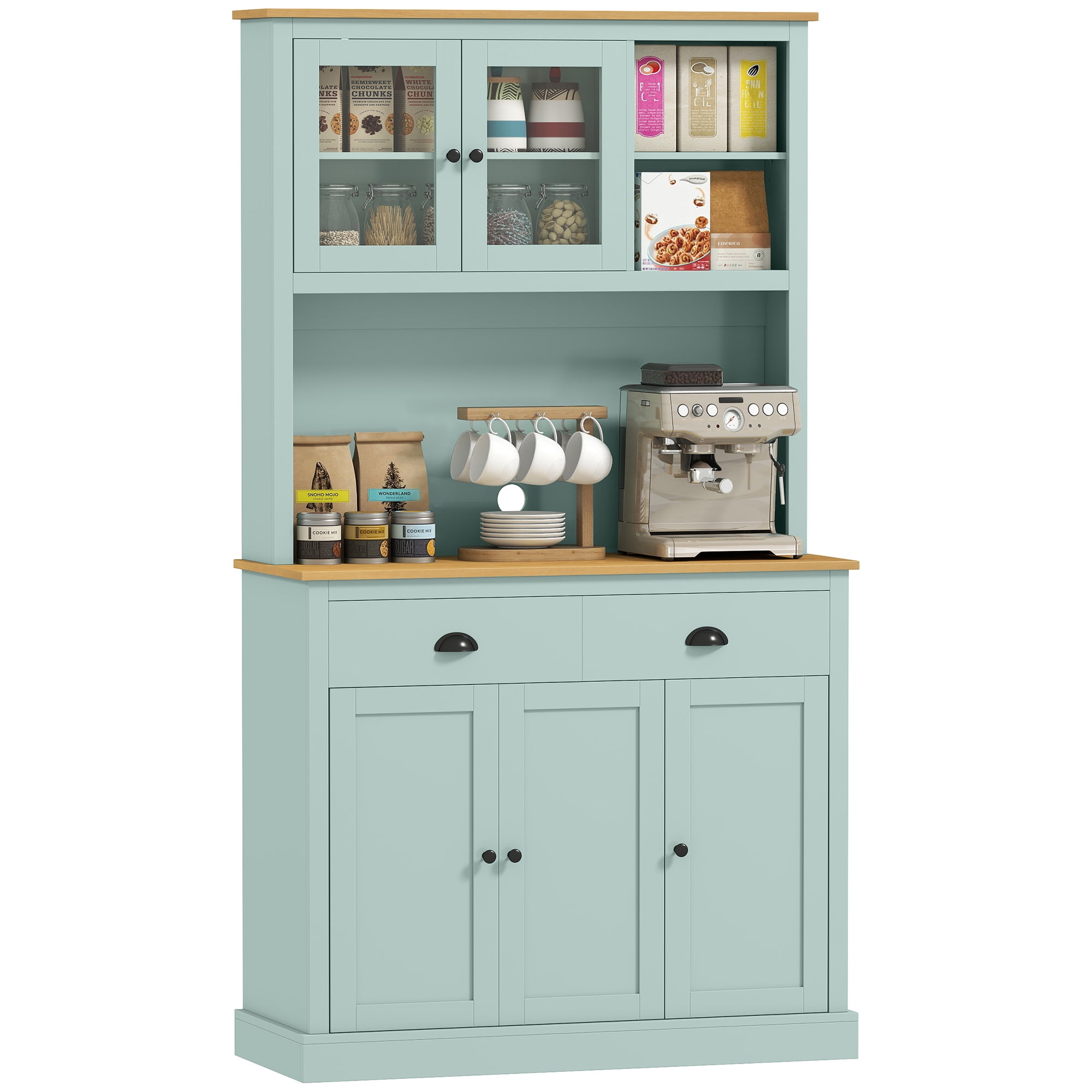HOMCOM 71" Freestanding Pantry, Kitchen Buffet with Hutch, Modern Storage Cabinet with Drawers, Glass Doors, and Adjustable Shelves, Light Green