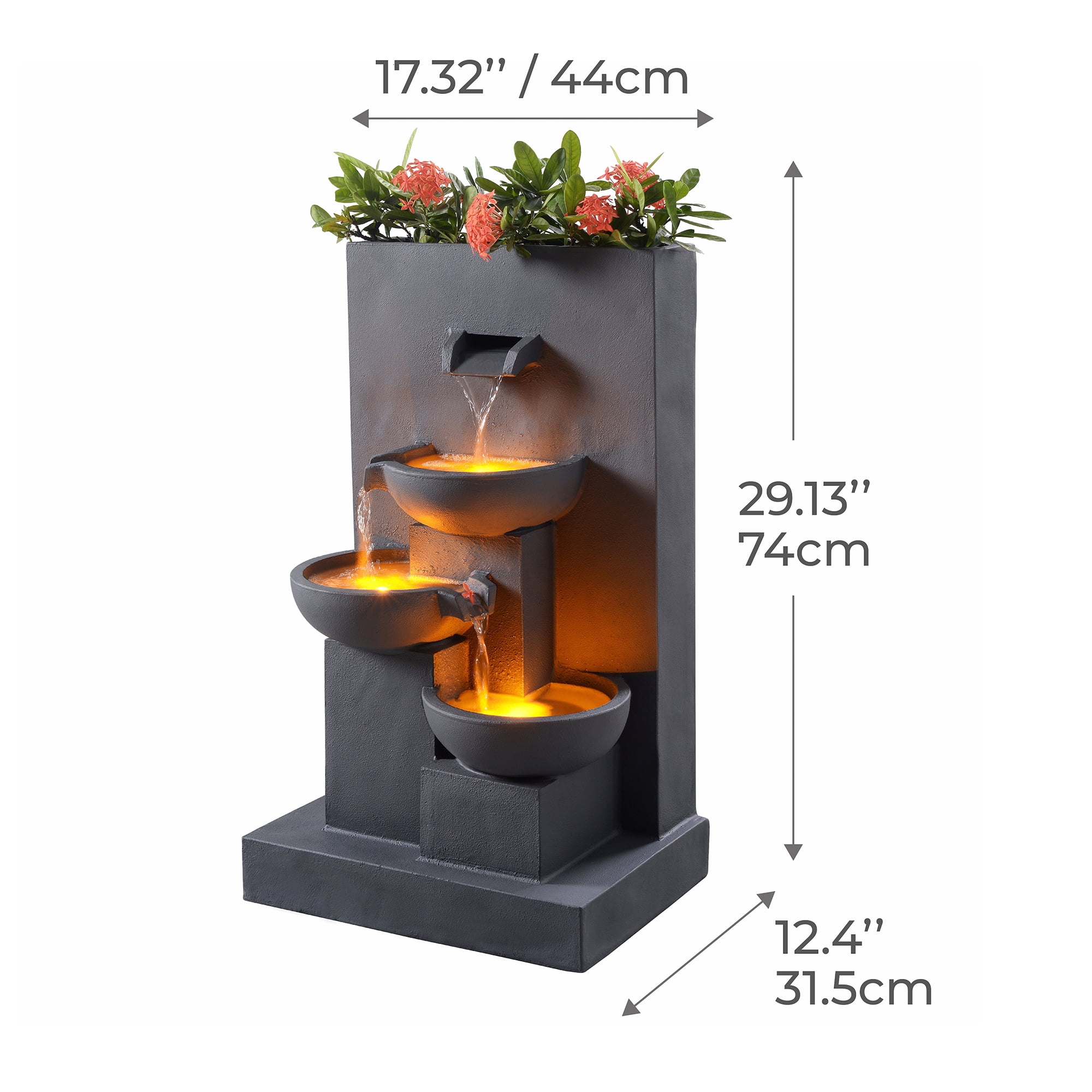 Teamson Home 3-Tier Cascading Outdoor Water Fountain with Planter & LED Lights, Gray