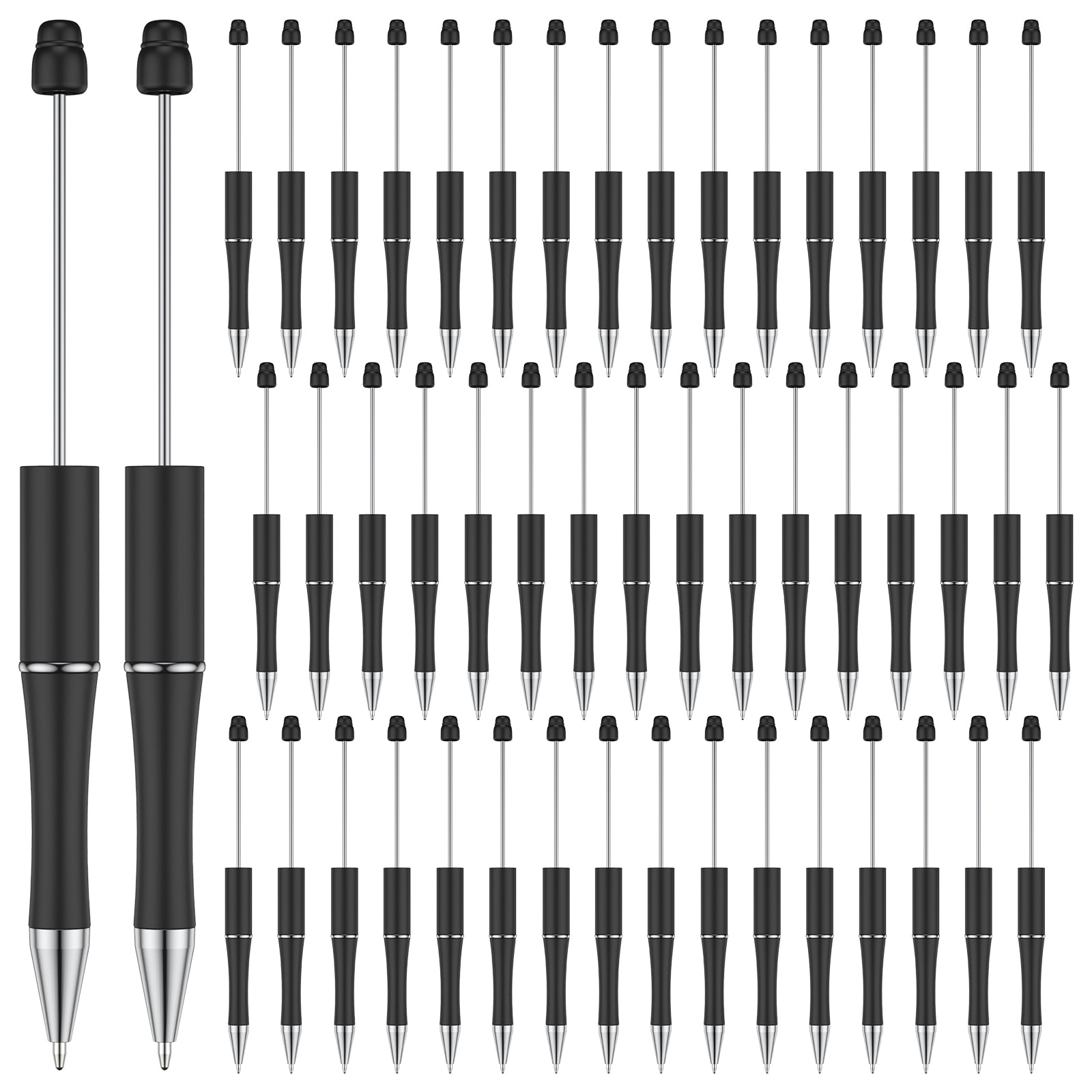50Pcs Plastic Beadable Pen Bead Ballpoint Pen Shaft Black Ink Beaded Pens  with 50 Refills for DIY Making Gift Black 