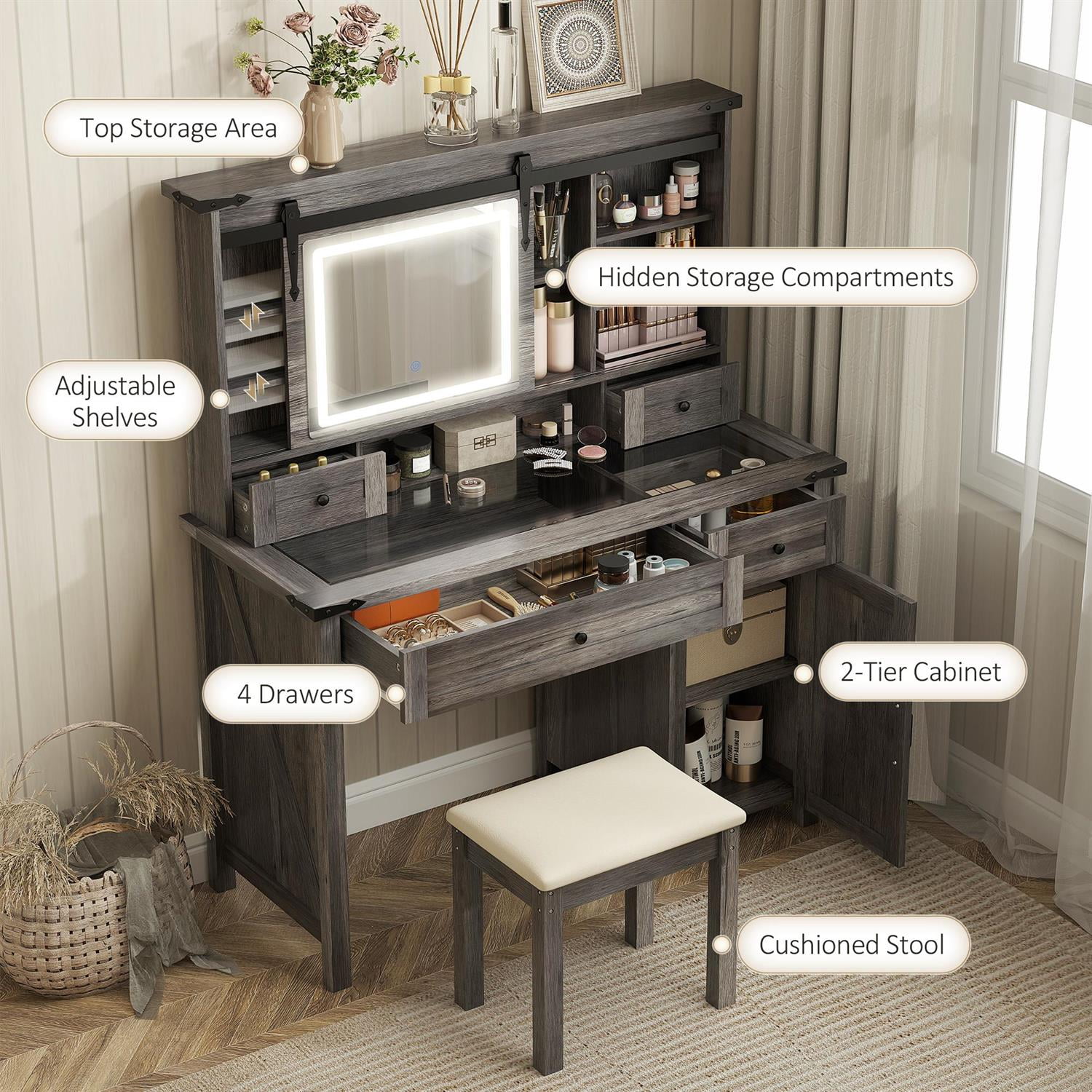 Demi Bonn 54" Modern Vanity Set with Mirror, Lights & Cushioned Stool, Storage Drawer, Cabinet & Shelves for Bedroom, Gray