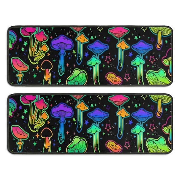Kitchen Rugs Sets Of 2,Rainbow Mushroom Neon Black Pattern Anti Fatigue Kitchen Mat Rugs Non Slip Washable,Decorative Kitchen Floor Mats for Kitchen,Sink,Laundry,17"x47" 17"x47"