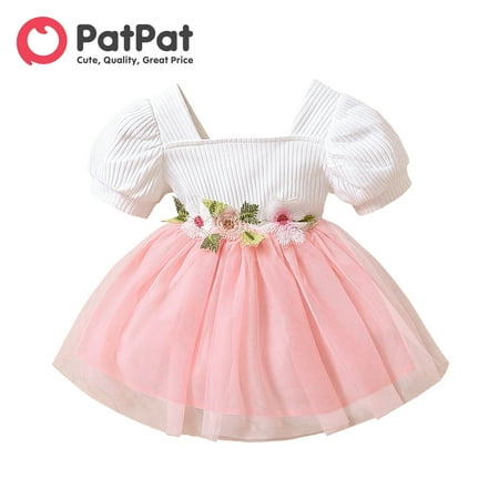

PatPat Baby Girl 95% Cotton Ribbed Square Neck Puff-sleeve Spliced Floral Embroidered Mesh Dress