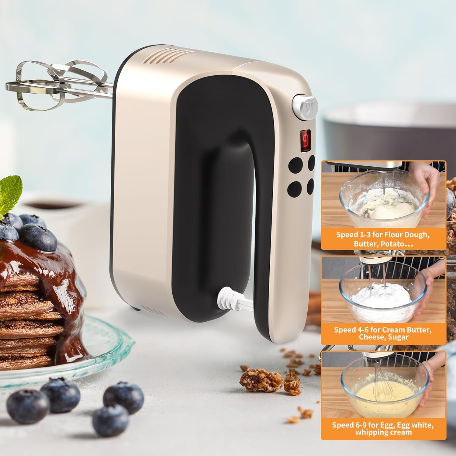 400W DC Motor Digital Hand Mixer with Storage Case, 5 Stainless Steel Accessories including Beaters, Dough Hooks and Whisk