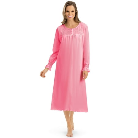 

Collections Etc Women s Elegant Long-Sleeve Smocked Cotton Knit Nightgown Fuchsia X-Large