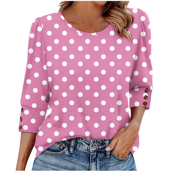 MaFYtyTPR Womens Summer Casual Loose Tops Women's Fashion Wave point 3/4 Sleeve Crew Neck Loose Blouses Pink XXXL