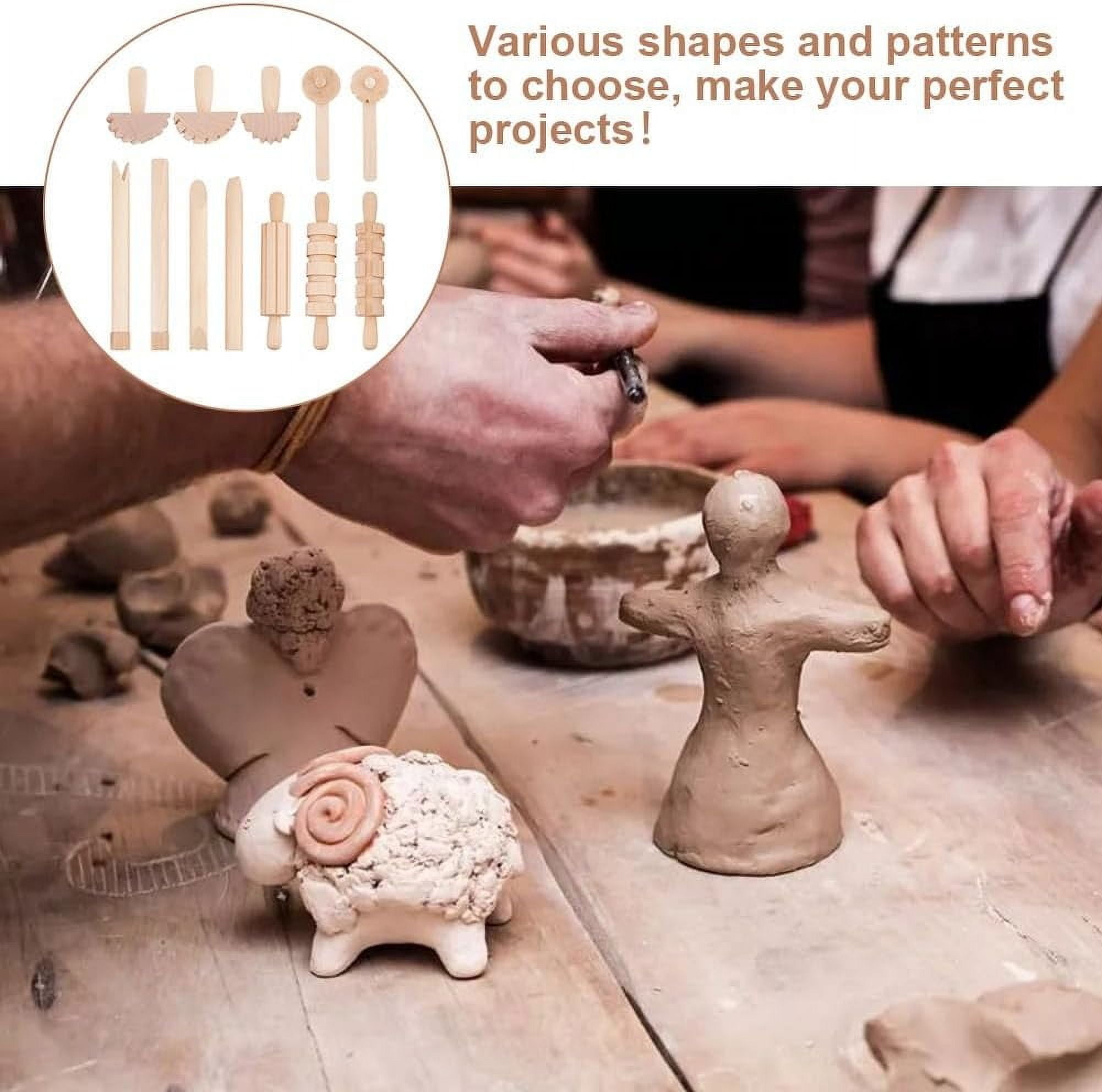12pcs Clay and Dough Tools Play Accessories Includes Rollers Hammer Party Pack Wood Pottery Tools Stamps for Clay Art DIY Crafts Art Craft Activity Supplies BurlyWood