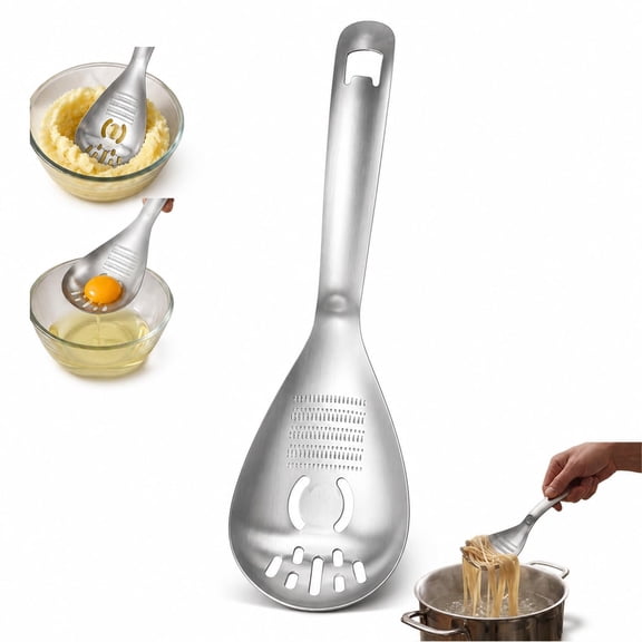 5-In-1 Stainless Steel Cooking Spoon, Multifunctional Grater, Masher, Egg Separator and Bottle Opener for Kitchen Food Preparation & Serving