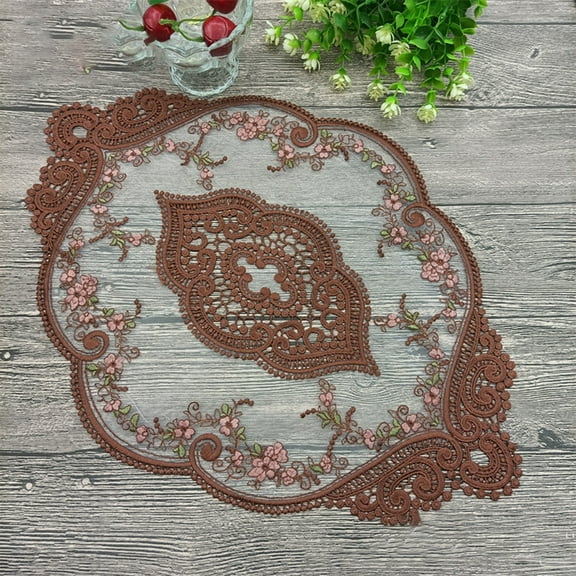 Yannee Lace Tablecloth,1 Pcs Round Rose Embroidered Table Cloth Crochet Table Runner Overlay Wedding Party Dinner Decor,Brown