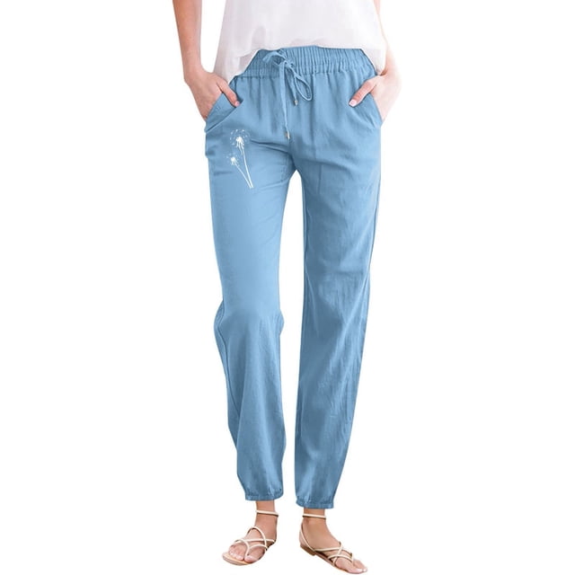 Ladies Pants Casual Simple Fashion Solid Color Pants Partial Dandelion Print Pocket Drawstring Plus Size Pants Women Sky Blue M