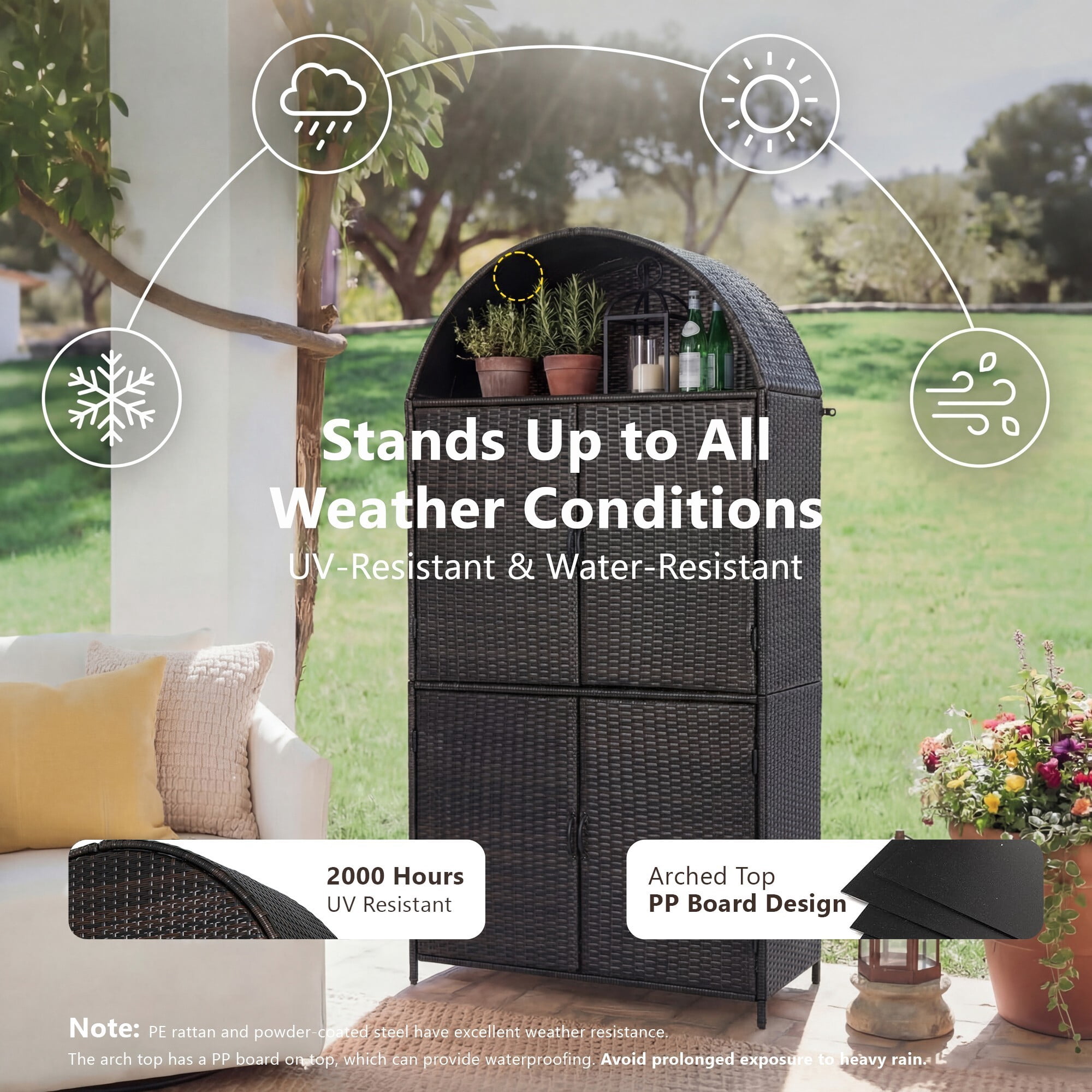 AENKYO 72" Arched Wicker Outdoor Storage Cabinet, Vertical Poolside Towel Holder & Rattan Garden Shed, Black & Brown