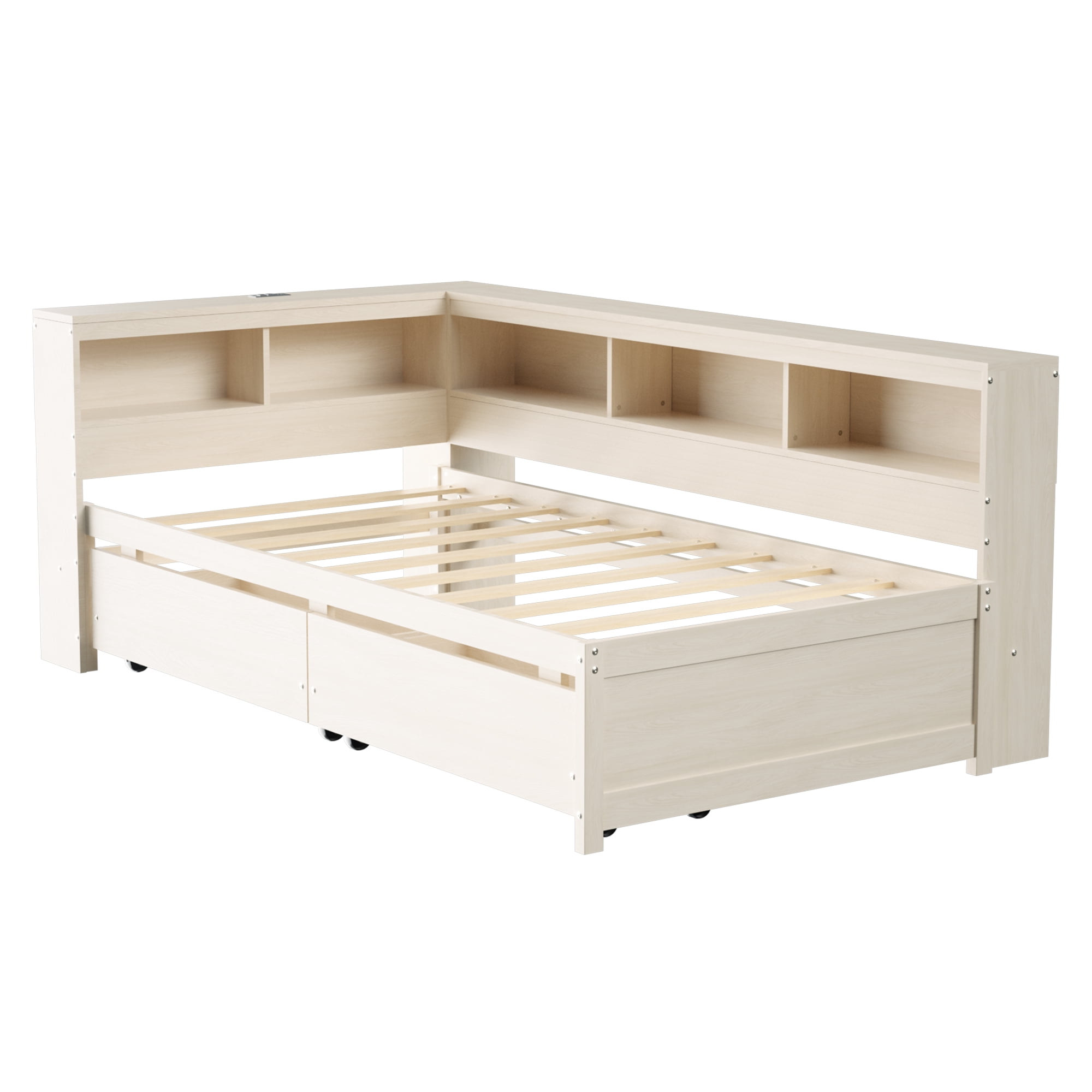 Joywind Twin Corner Bed Frame with Storage Drawers, Bookcase Headboard, Charging Station & LED Lights,Natural