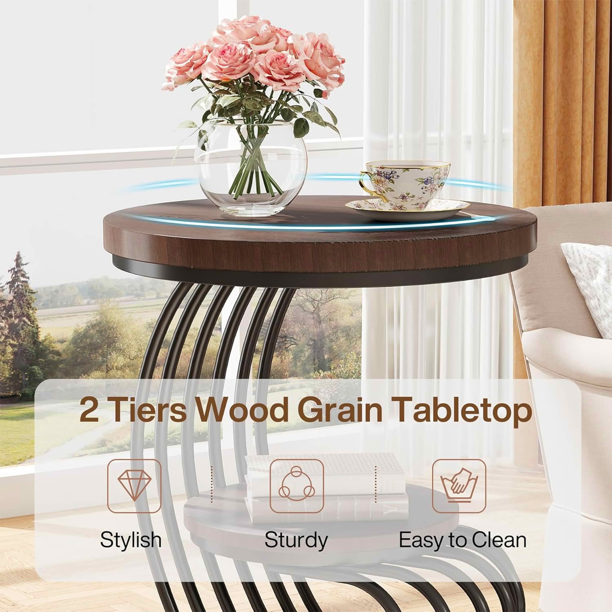 MAYEERTY 2-Tier Round End Side Table, White Faux Marble Top Gold Metal Frame Storage Nightstand for Bedroom Living Room