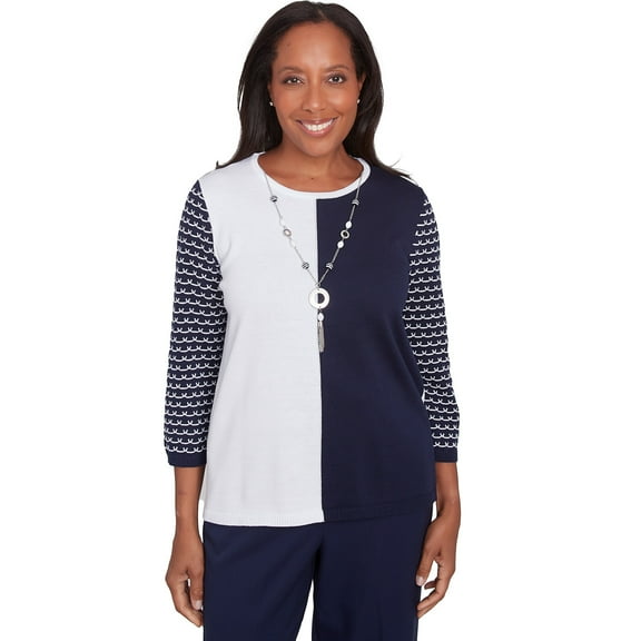 Alfred Dunner Womens Petite Striped Sleeve Colorblock Sweater With Necklace