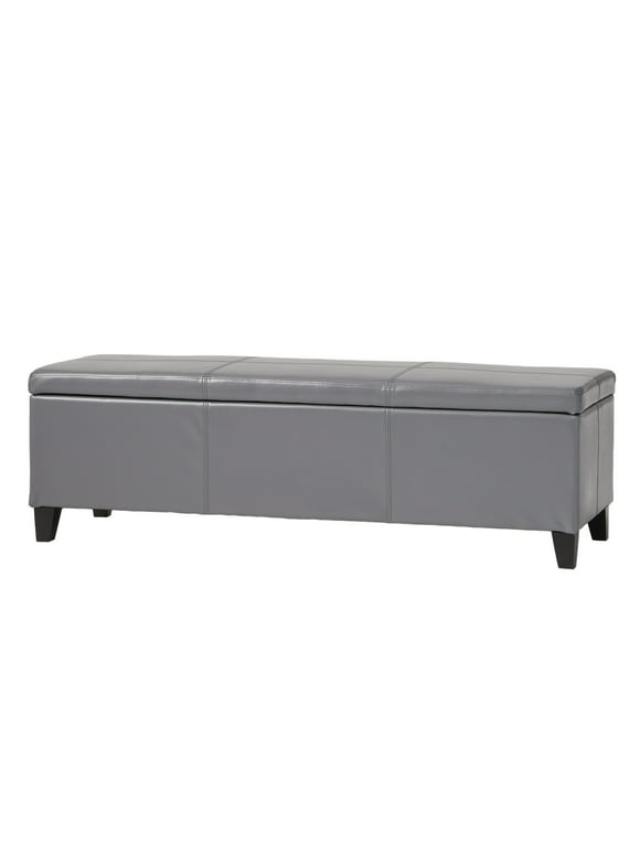 Noble House Lawrence Grey Faux Leather Storage Ottoman