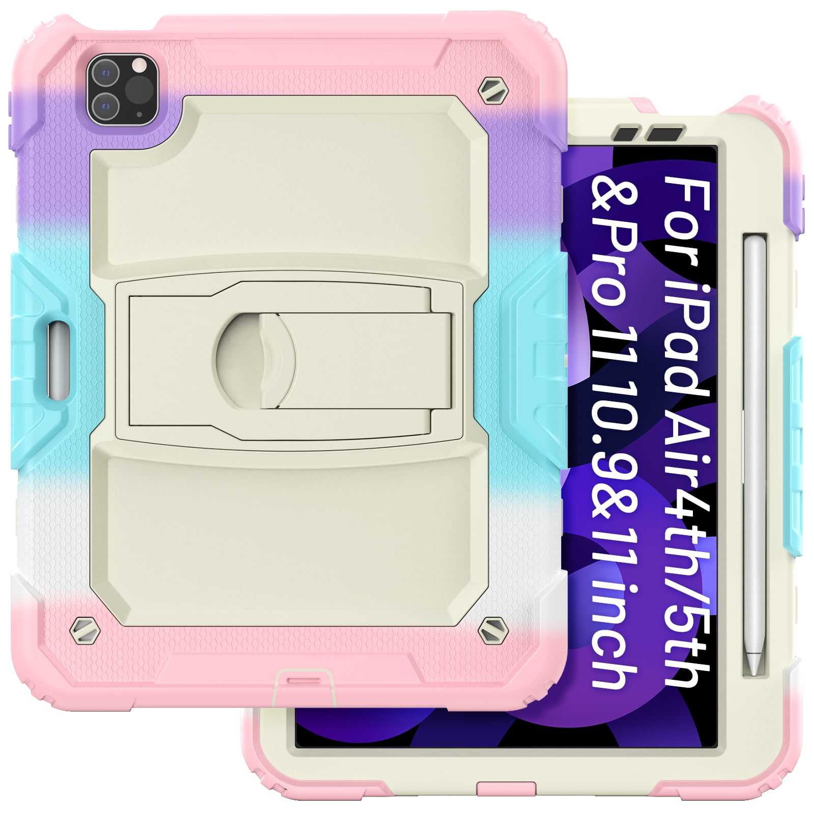 Allytech Shockproof Case for Apple iPad Pro 12.9 Inch 2022/2021/2020/2018(6th/5th/4th/3rd Gen) with Pencil Holder, Rugged Kickstand Shoulder Strap Kids Case with Screen Protector,Colorful Pink