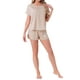 thumbnail image 2 of INSPIRAR CHIC Conjunto de Pijama de Satén de Seda para Mujeres, Top de Cuello Redondo de Manga Corta con Bolsillo Frontal y Pantalones Cortos con Cuerda para Dormir L Beige, 2 of 5