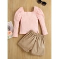 thumbnail image 4 of TSEXIEFOOFU Girls Shorts Set Ribbed Long Sleeve Square Neck Tops + Metal Button High Waist Shorts, 4 of 6
