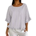 thumbnail image 2 of Qulqfy Loose Womens Blouse Casual Crew Neck Short Sleeve Striped Ruffle Trendy Spring Summer Boho Women Tops White M, 2 of 8