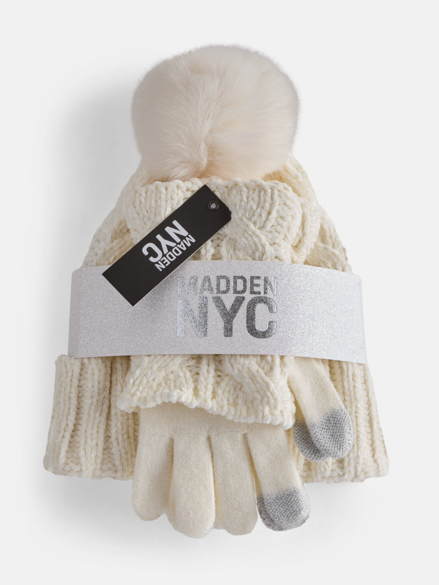 MNYC Women's 2 PC Cable Knit Chenille Beanie w/ Matching Gloves, Ivory