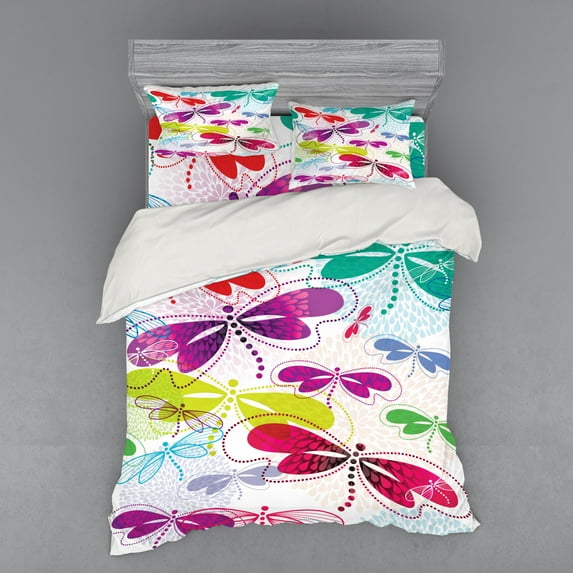 Ambesonne Abstract Bedding Set 4 Pcs, Hydrangea Dragonflies, Queen, Multicolor