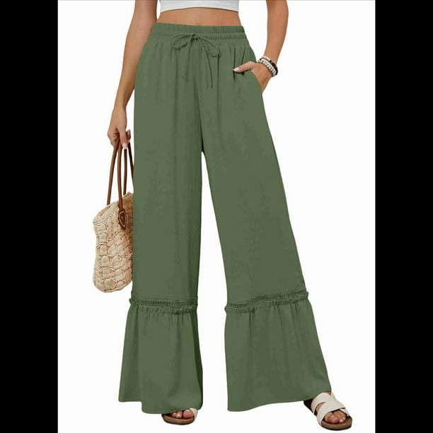 Pantalones Palazzo de Cintura Alta y Pierna para Mujer, Estilo , con Encaje, Holgados, Color Verde , Talla M