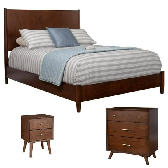 Home Square 3 Piece Set with Nightstand Queen Panel Bed & Accent Chest in Walnut