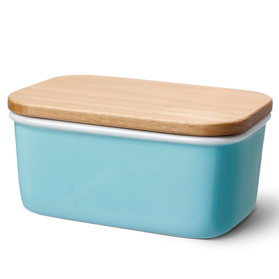 Turquoise Large Butter Dish with Beech Wooden Lid, Set of 1