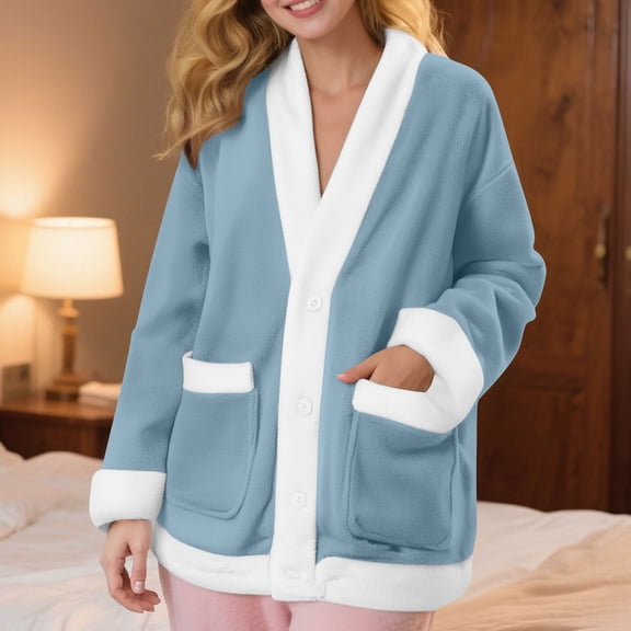 thefmos Women Plus Size Fleece Jacket Winter Loungewear Flannel Fuzzy Bed Coat Casual Cozy Lounge Tops for Home, Light Blue S