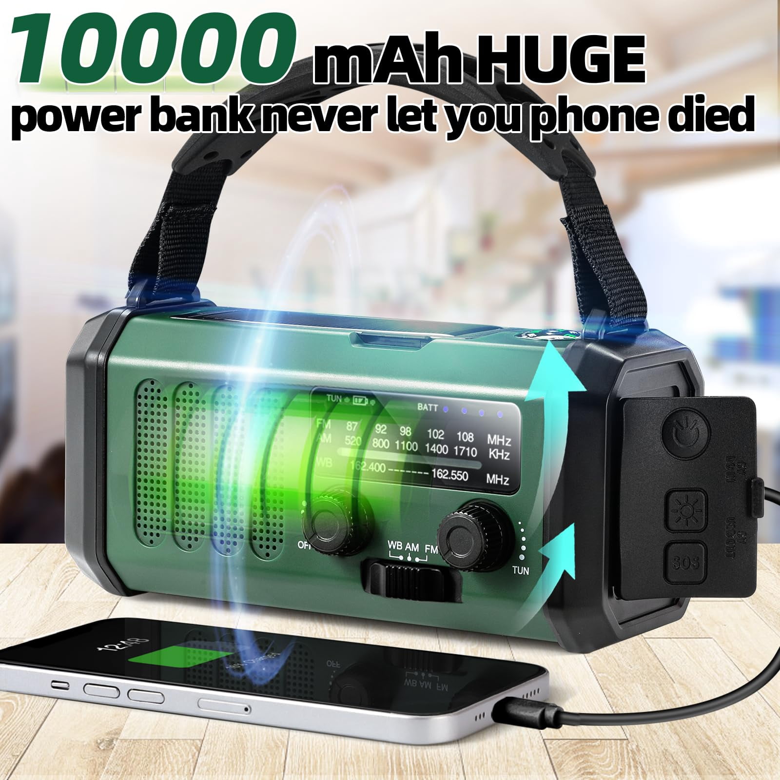 Hand Crank Emergency Radio 37000mwhsolar Portable Noaa Am Fm Weather With 3mode Flashlight And Reading Light Cell Phone Home Distress Signa