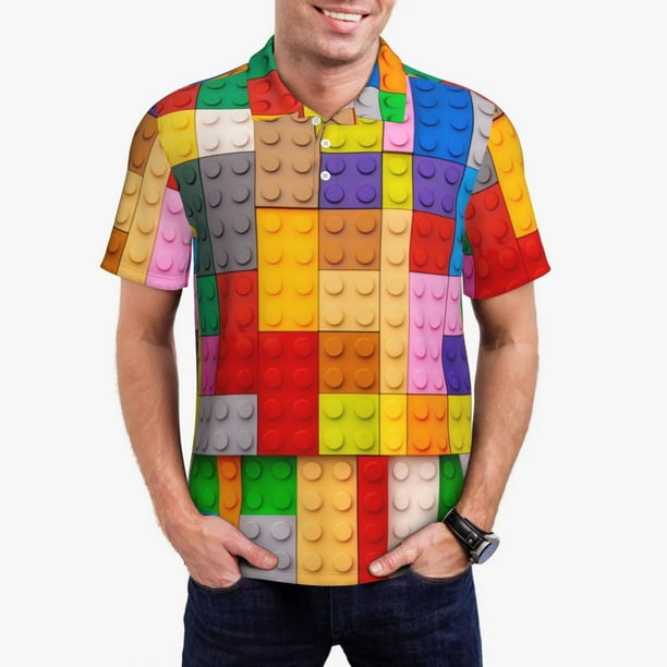 Fotbe Colorful Plastic Blocks Pattern Camiseta Polo de Golf para Hombre con Estampado – Camisa Deportiva Transpirable con Cuello Abotonado-Large
