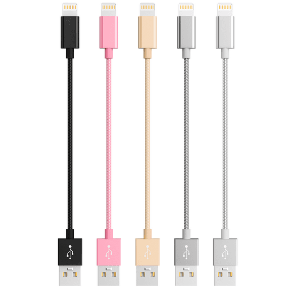 [5 Pack] 10inch Short Portable MFI Certified Phone Charger Cable - Heavy-Duty Durable Braided Data Sync Lightning to USB Charging Cables Cords for iPhones - Black, Silver, Gold, Grey, Pink