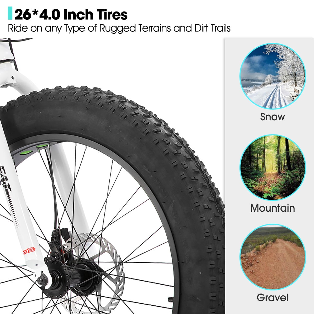 Hiland Fat Tire Bike, Shimano 7-Speed, Dual-Disc Brakes, 26 inch Trail Mountain Bike, White