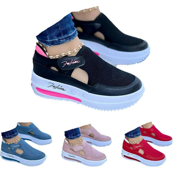 Women's Orthopedic Shoes,Casual Breathable Mesh Flat Sneakers,Round Toe Thick Heel Buckle Hook Loop Work Shoes