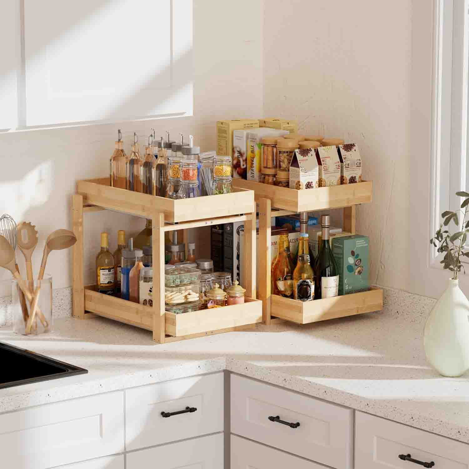 Under Sink Organizer, Bamboo Wooden 2-Tier Pull-Out Storage with Sliding Drawers for Kitchen and Bathroom Cabinets, Easy Installation